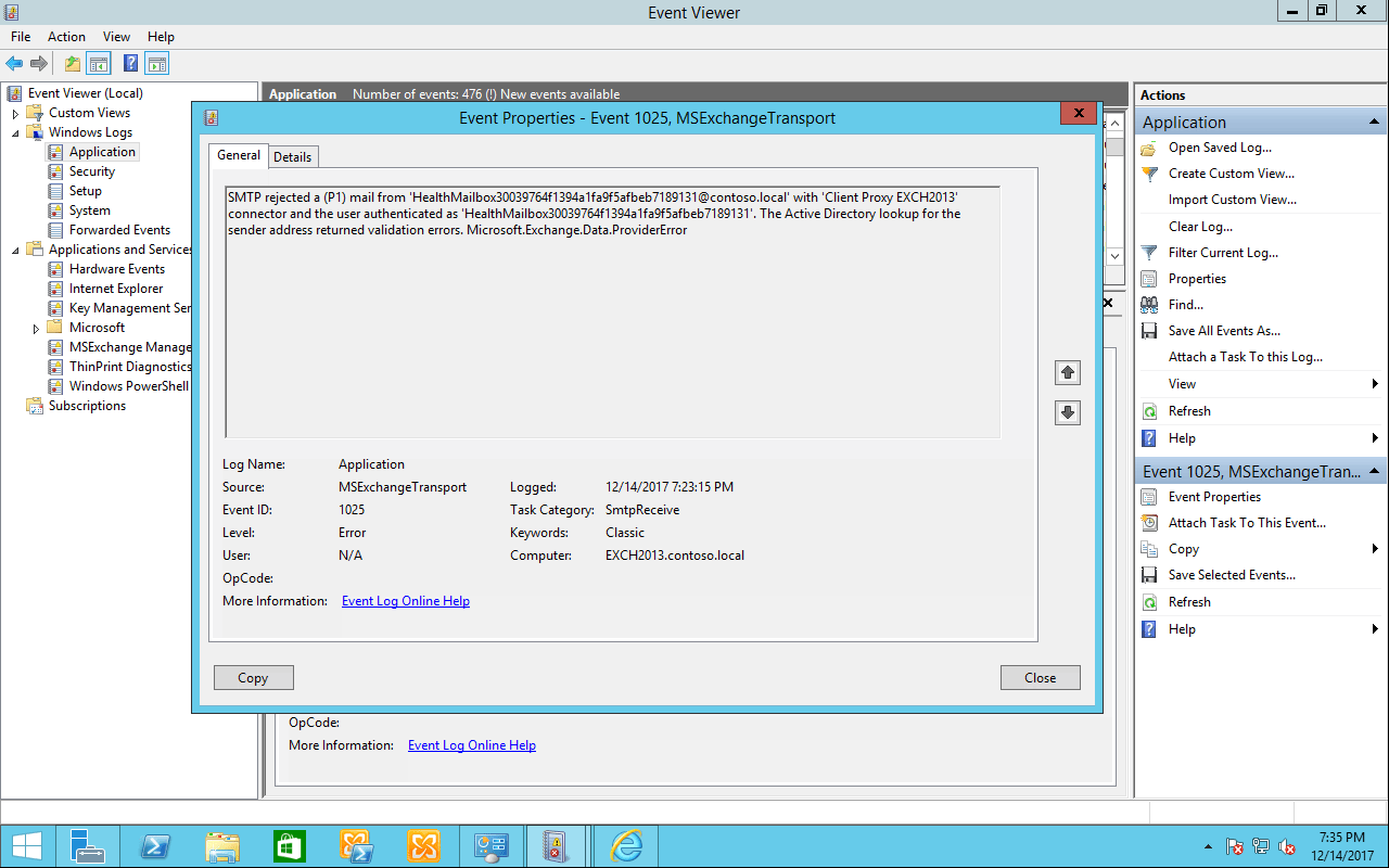 EventId 1025 SMTP rejected a (P1) mail from 'HealthMailbox@contoso.local' with 'Client Proxy EXCH2013' connector