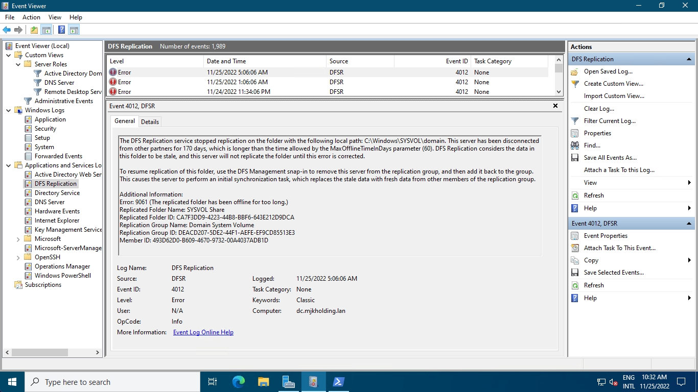 DFS Replication 4012 The replicated folder has been offline for too long - one domain controller